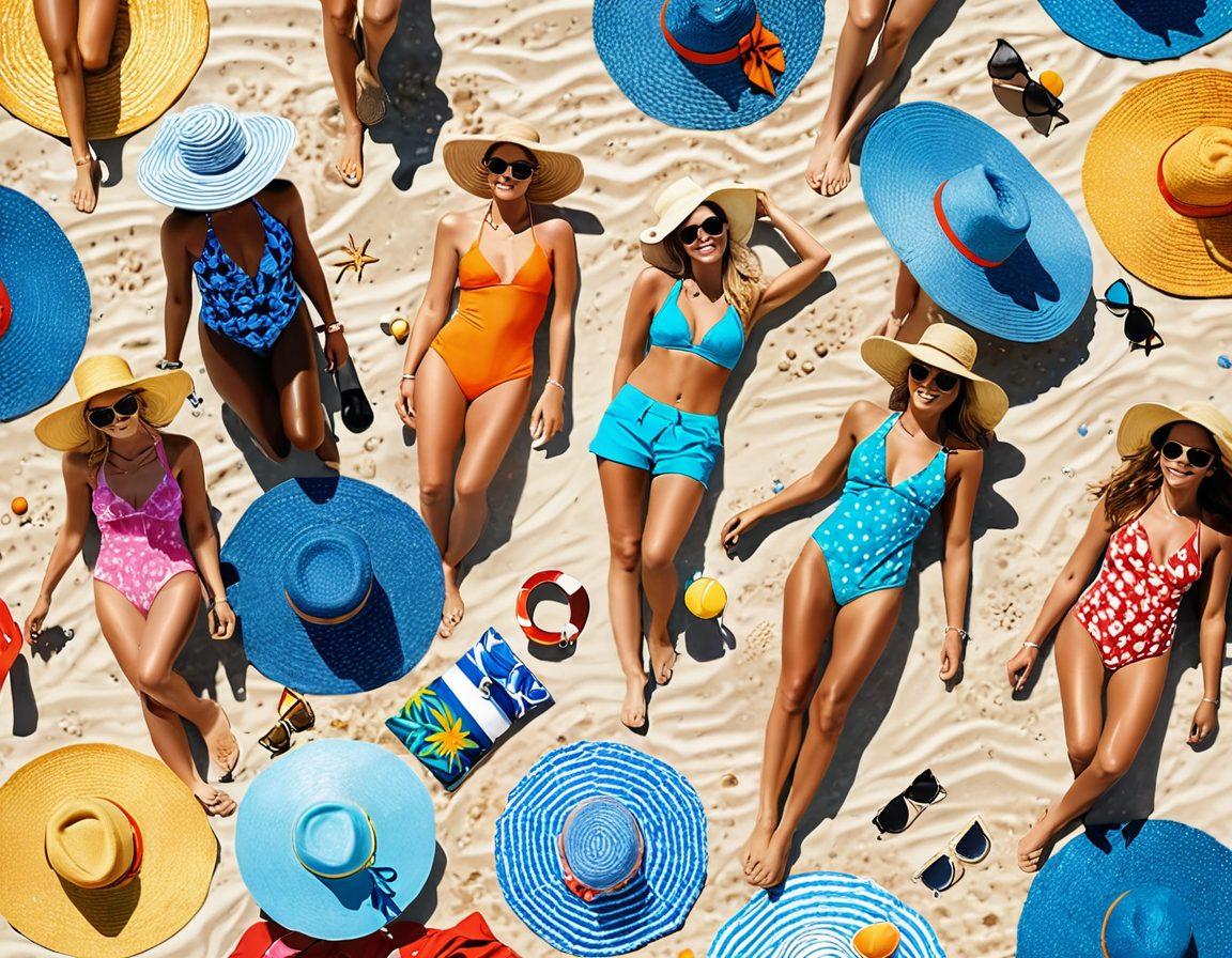 A vibrant beach scene showcasing an array of stylish beachwear essentials like colorful swimsuits, oversized sun hats, trendy sunglasses, and chic beach bags spread across a sandy shore. A clear blue ocean and bright sun enhance the tropical vibe, while fashionable individuals engage in fun activities like beach volleyball and sunbathing. The overall atmosphere is lively and inviting, perfect for a fashion-forward vacation. vibrant colors. super-realistic. sunny atmosphere.