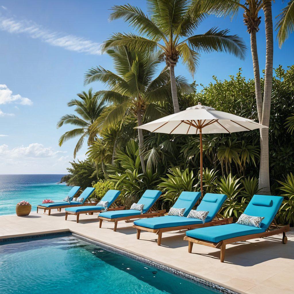 A stunning summer scene featuring a vibrant poolside with chic swimwear displayed on comfortable lounge chairs. In the background, a beautiful seaside view with azure waves crashing against white sandy beaches, and palm trees swaying gently in the breeze. Emphasize stylish beach accessories like hats and sunglasses nearby. The setting should feel luxurious and inviting, epitomizing the essence of summer. super-realistic. vibrant colors. 3D.